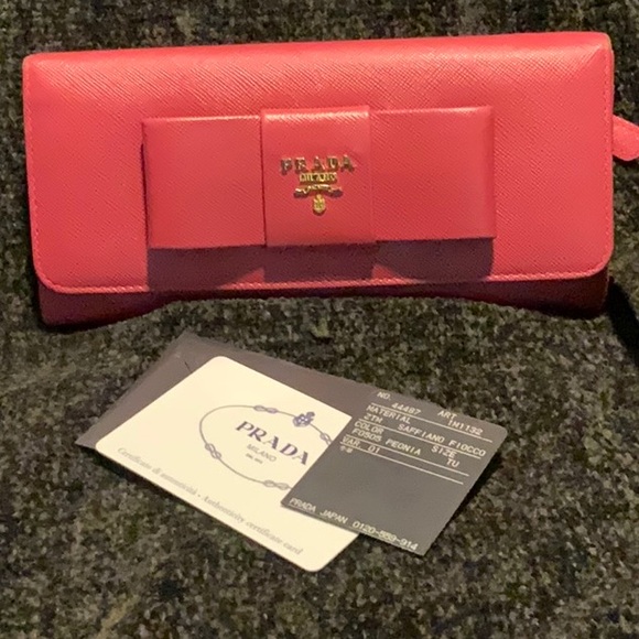 PRADA Leather Wallet Bow, Pink Saffiano Fiocco Ribbon 1M1132 Long Wallet Peonia - Picture 5 of 8